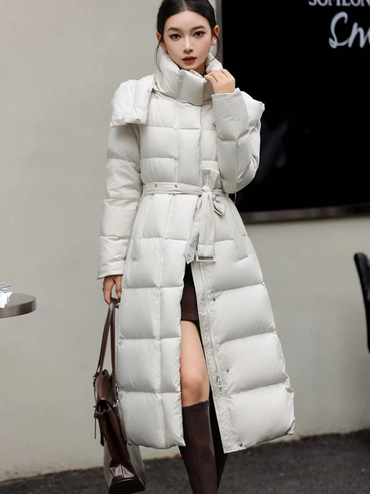 

Thick Hooded Knee Winter Length Down Jacket Women White Duck Down with Belt Down Jackets Female Warm Zipper Long Parker Outwears
