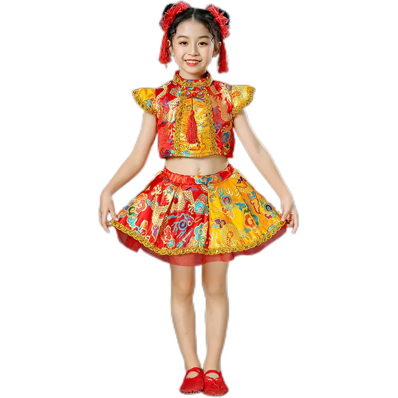 Nowy Chiński Tradycyjny Smok Yangko Strój Ludowy Taneczny Dziewczęcy Chłopięcy Czerwony Hanfu Noworoczny Strój na Występ Sceniczny