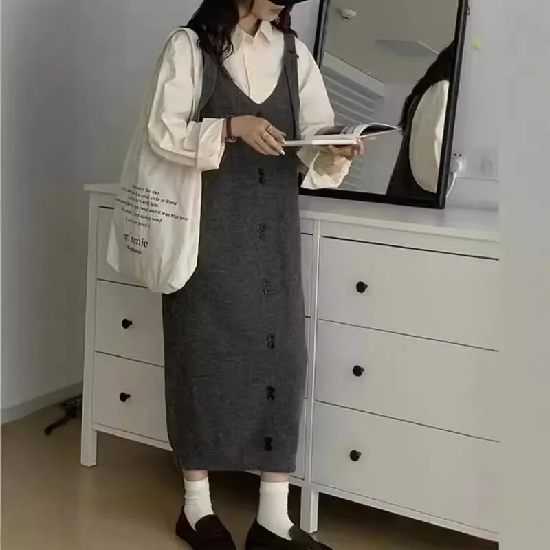 

Casual Fashion Shoulder Strap Long Waist Dress with Button Loose Knitted V-Neck Vest Autumn Winter Solid Color Korean Style