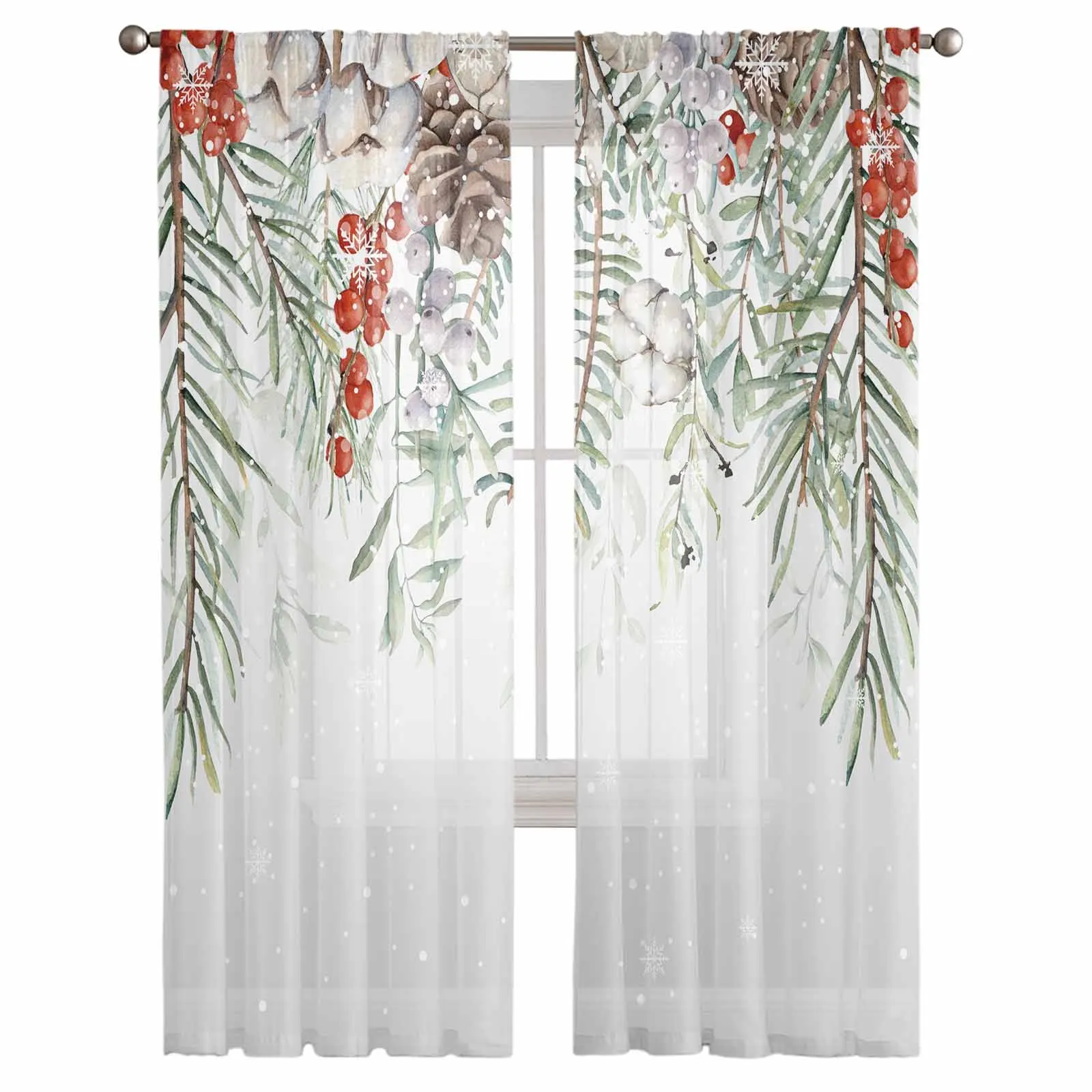 Christmas Pine Leaves Berries Hazelnuts Snowflakes Window Treatment Tulle Modern Sheer Curtains for Living Room Curtains Decor