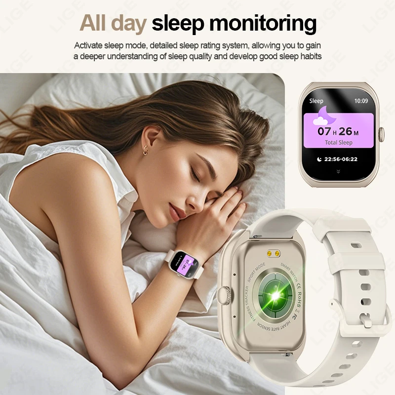 LIGE nuevo reloj inteligente 2,01 pulgadas HD pantalla cuadrada curvada ritmo cardíaco oxígeno en sangre monitoreo del sueño Smartwatch relojes de llamada inalámbrica