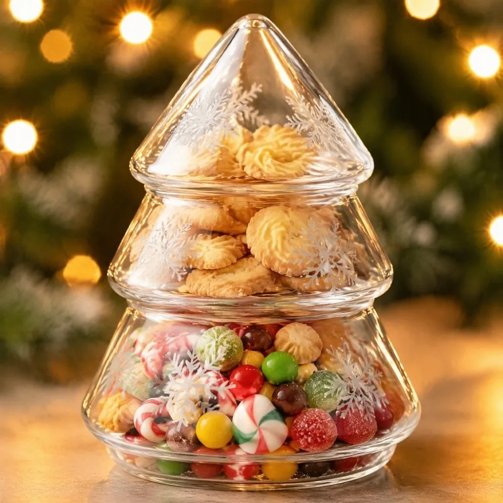 Snowflake Pattern Glass Christmas Tree Jar Large Capacity Stylish Cookie Jar With Lid Transparent Xmas Candy Jar