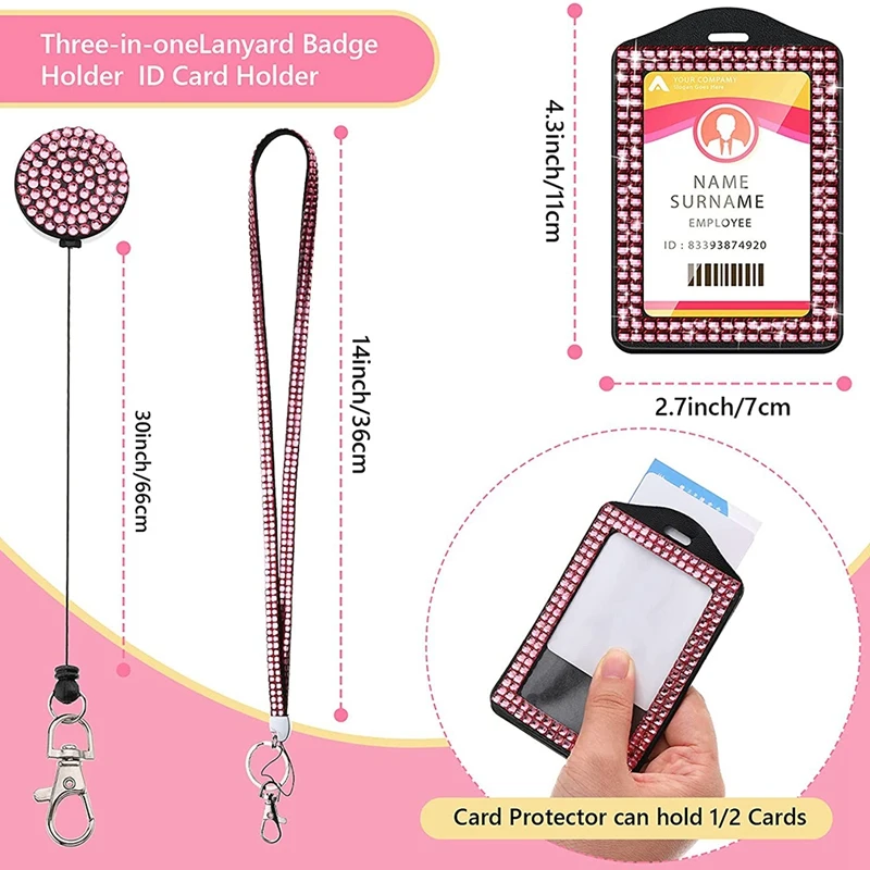 4 Sets Rhinestone Lanyard ID Card Holder Crystal Retractable Badge Reel Rhinestone Neck Lanyard Card Holder