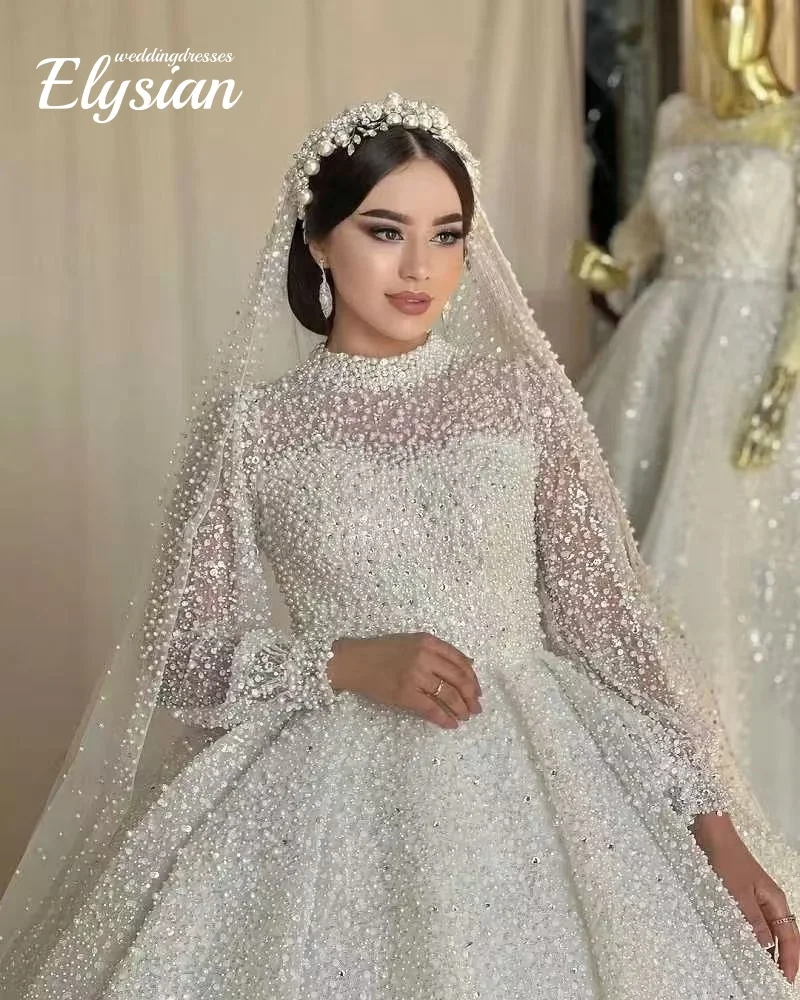 فساتين زفاف كريستال رائعة مخصصة لؤلؤ الزفاف فستاين سهرة/فساتين الحفلات الرقبة العالية الترتر Vestido de novia