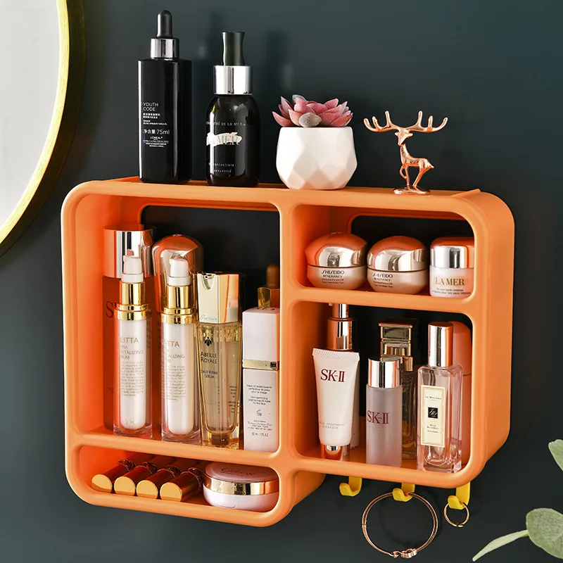 Wall-mounted Cosmetic Storage Box Free Punching Dust-proof Bathroom Wall Rack Makeup Organizer Lipstick Skincare Containers