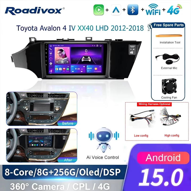 Android car radio AI VOICE roadivox for Toyota Avalon 4 IV XX40 LHD 2012 2018 GPS Navigation video Multimedia Player tape