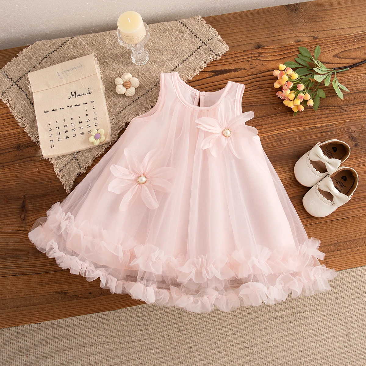 Girl's Dress Summer Daisy Mesh Sleeveless Baby Girl Dress Cute Solid Color Girl Princess Dress Baby Girl Clothes