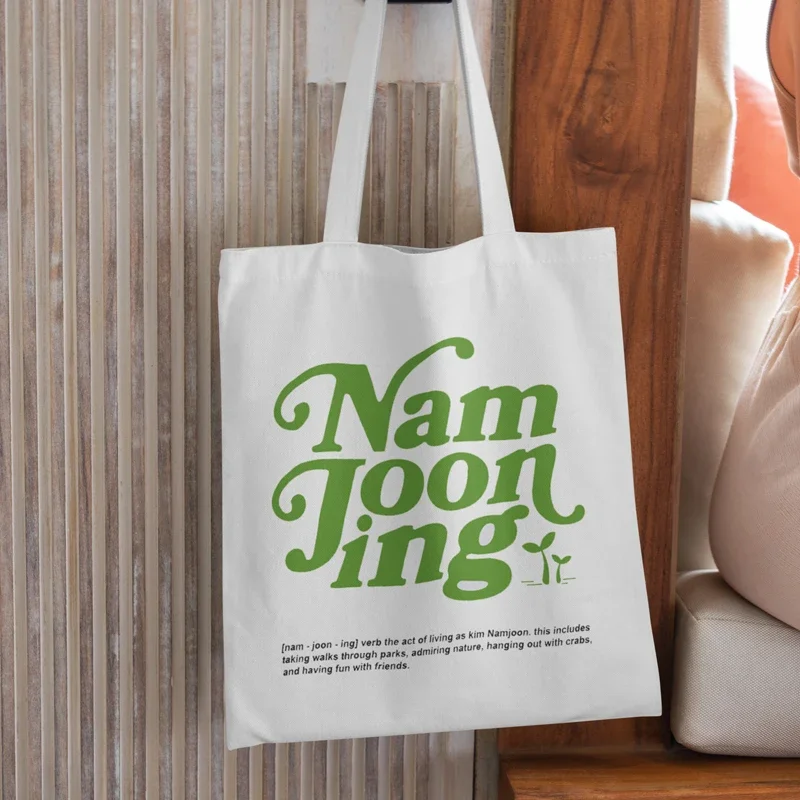 Namjooning Printed Black Canvas Green Font Casual Large Handbag Women Environmental Shopping Handbag Large Capacity Bag Washable