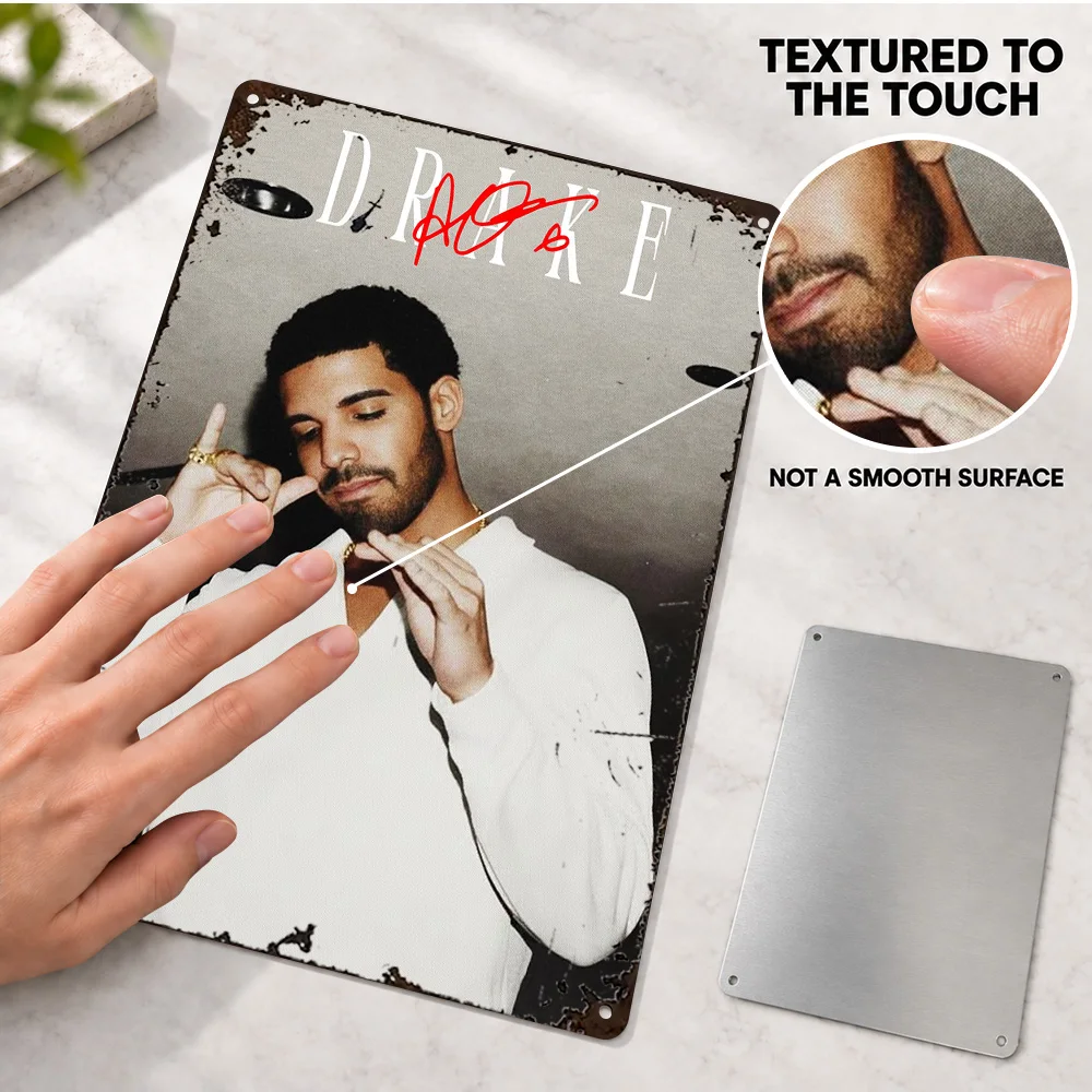 Drake Portrait With Red Signature Rapper Aluminum Poster Customized Metal Sign Monochrome Wall Art For Music Room Birthday Gift