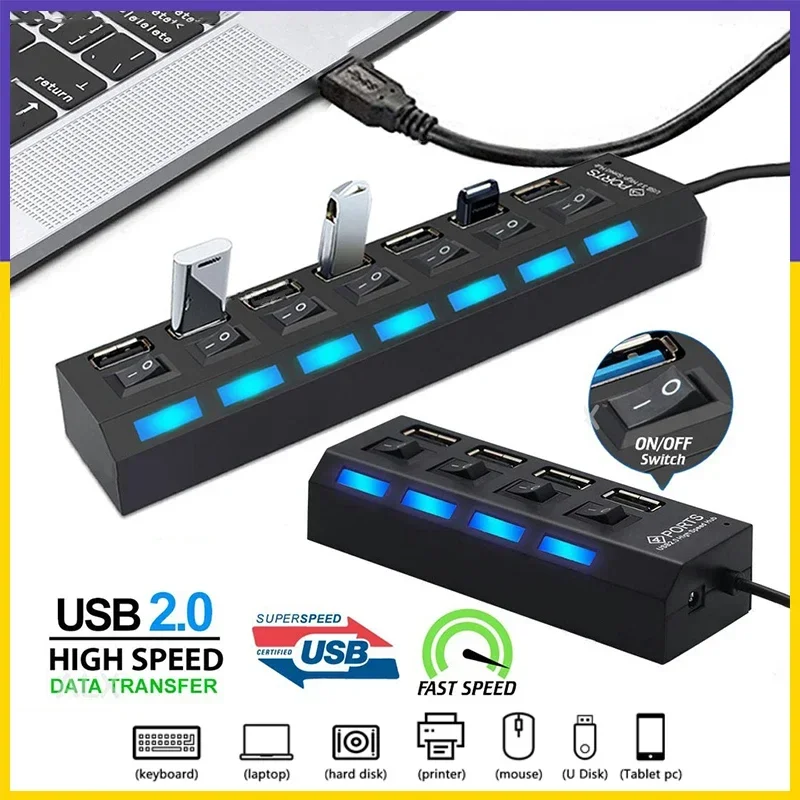 【Fast Ship】7 PORT USB 2.0 HUB High Speed with Switch LED Lights Splitter Expansion for computer laptops