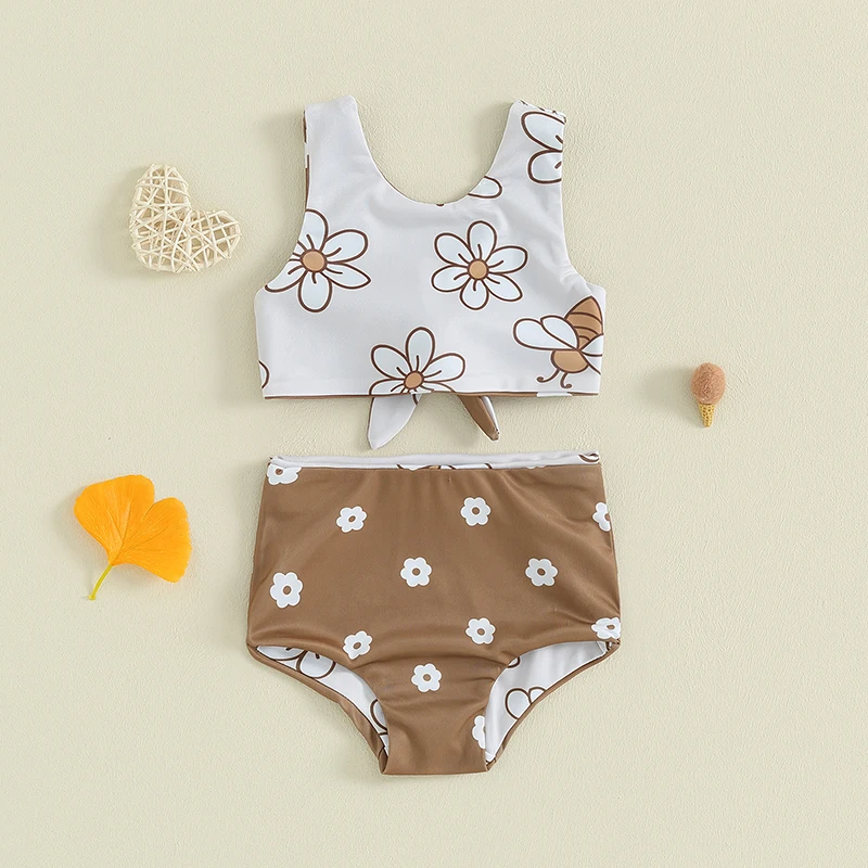 Kids Girls Bikini Set Sleeveless Vest with Briefs Flower Print 2-piece Swimsuit Swimwear for Summer Beach Bathing