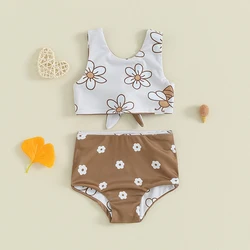 Kids Girls Bikini Set Sleeveless Vest with Briefs Flower Print 2-piece Swimsuit Swimwear for Summer Beach Bathing