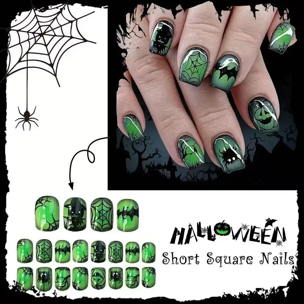 Creative Halloween Press-On Nails Emerald Ghost Ghost Face Pumpkin Halloween Element Nail Halloween Fake Nails