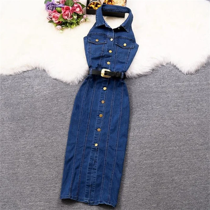 

2022 summer women's new single-breasted halterneck denim mid-length dress