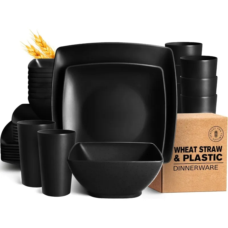 

Plastic Wheat Straw Square Dinnerware Set for 8, Unbreakable Dinner Plates, Salad Plates, Snack Bowls