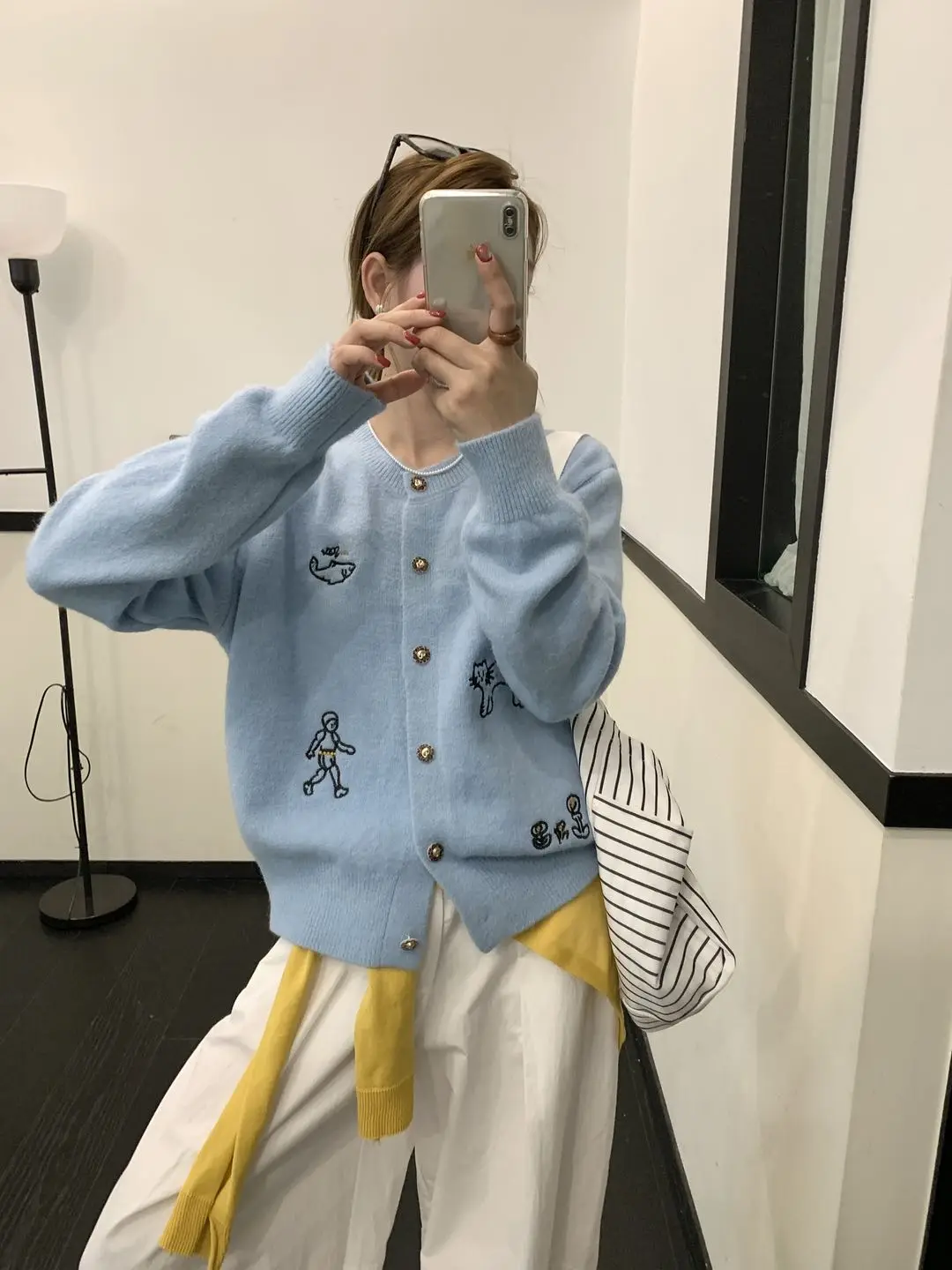 

Ele вязаный открытый кардиган с вышивкой, женский модный круглый топ Ne, художественный свободный крой, длинный све, теплый, повседневный