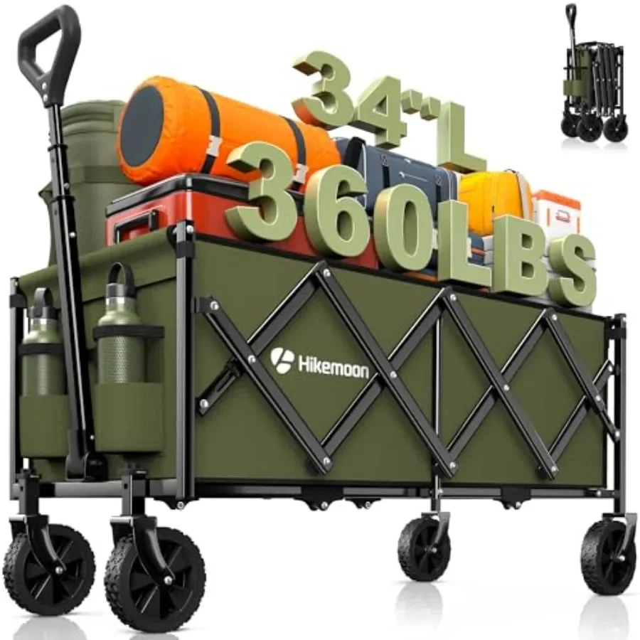 

34'' Extra Long Collapsible Wagons Carts Foldable 360LBS Heavy Duty Folding Beach Wagon with Wheels Portable Utility Outdoor Ca