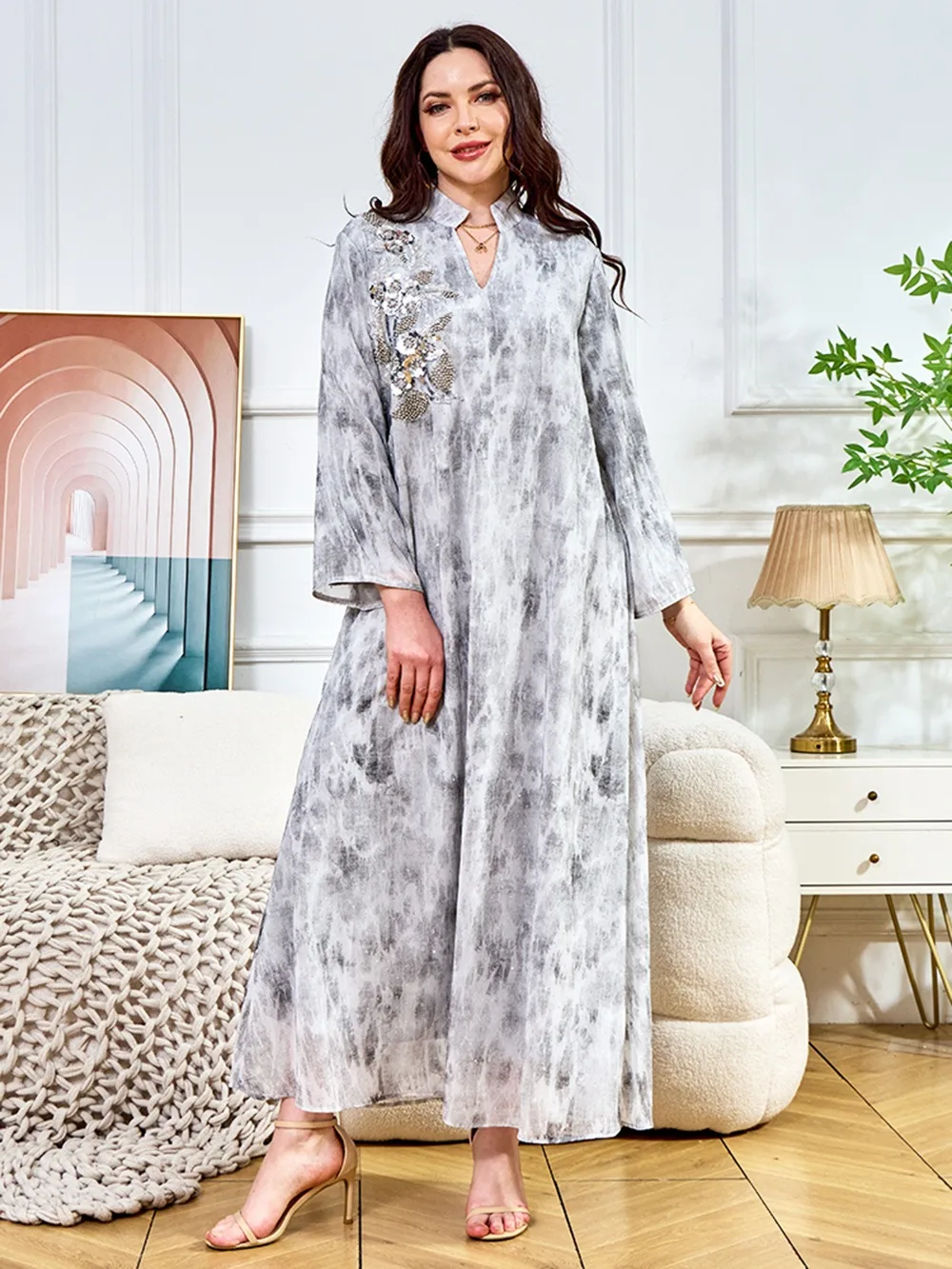 

Eid Muslim Dress Women Print Party Abaya Ramadan Diamond Flower Beading Kaftan Robe Jalabiya Vestidos Largos Dubai Dresses 2025