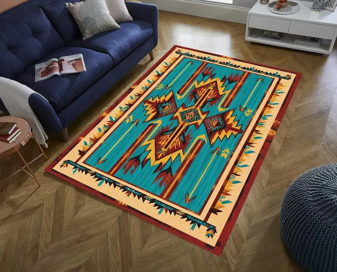 Southwestern Tribal Area Rug Aztec Rustic Area Rugs Native Geometric Rug, Non-Slip Indoor Floor Rugs for Bedroom Living Room