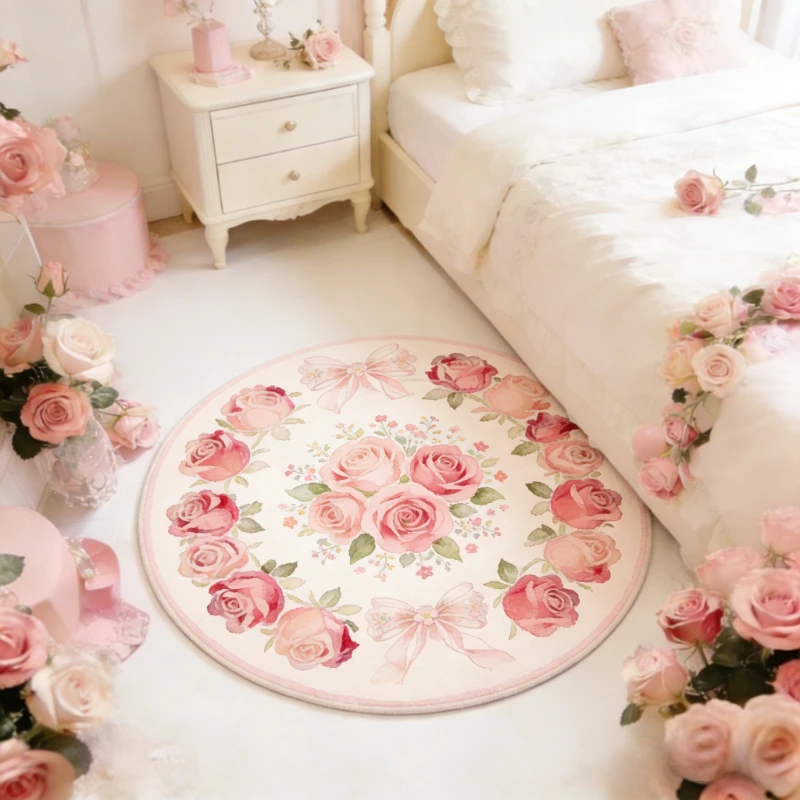 French Style Bedroom Decor Rose Carpet Fluffy Soft Carpets for Living Room Thick Plush Bedside Floor Mat Home Round Washable Rug