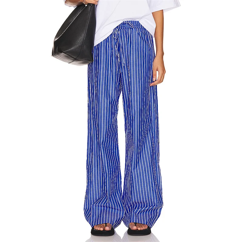 Women Summer y2k Lounge Pants 2000s Stripe Print Drawstring Elastic High Waist Loose Trousers with Pockets Streetwear