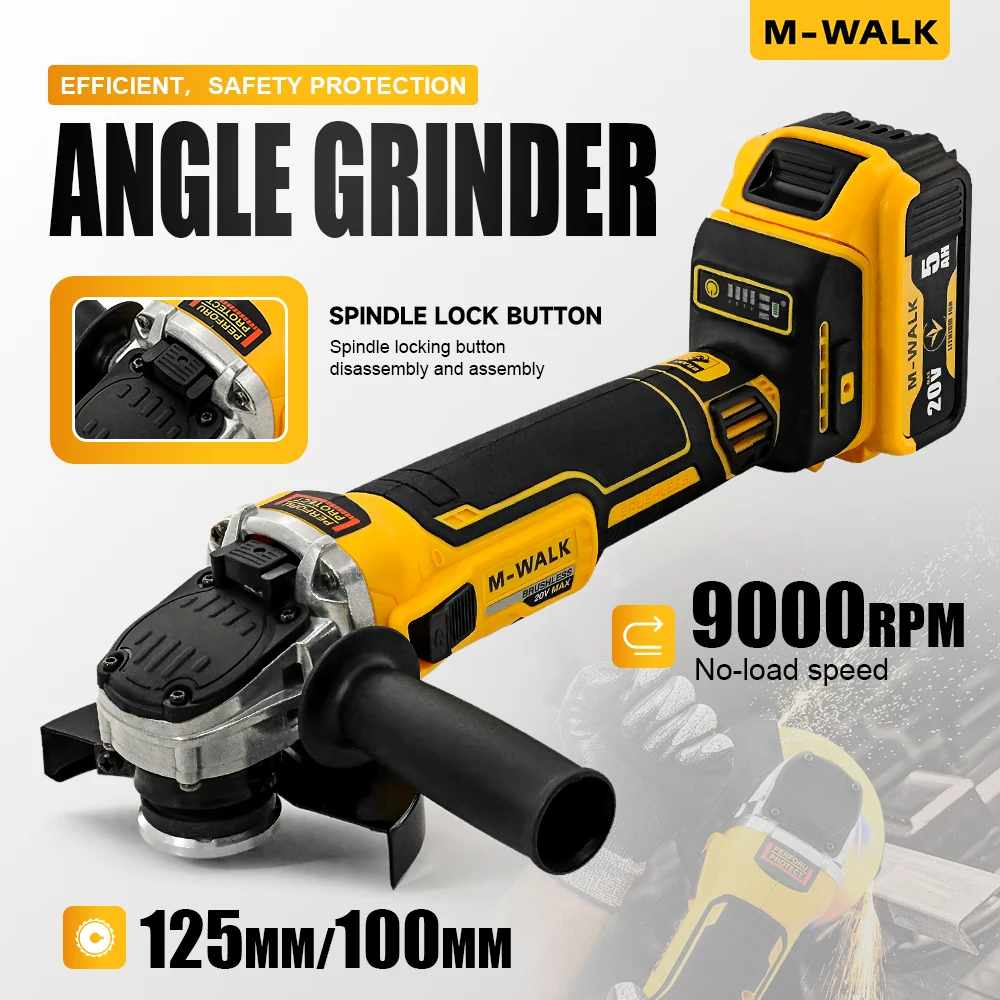 

M-WALK 125 мм бесщеточная электрическая угловая шлифовальная машина M14 Беспроводная шлифовальная машина для резки деревообрабатывающего электроинструмента для Dewalt 20v Battery Pin