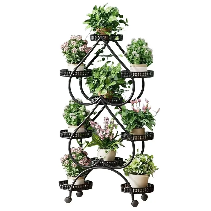 Peach Shaped Wrought Iron Plant Stand with Wheels Mobile Flower Pot Rack for Living Room Balcony Greenery Display Floor