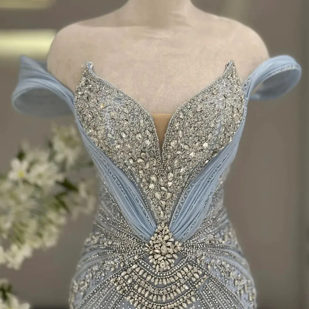 Vestidos de noite luxuosos personalizados com contas árabes, ombro de fora, divisão frontal, vestido de festa de casamento com trem destacável