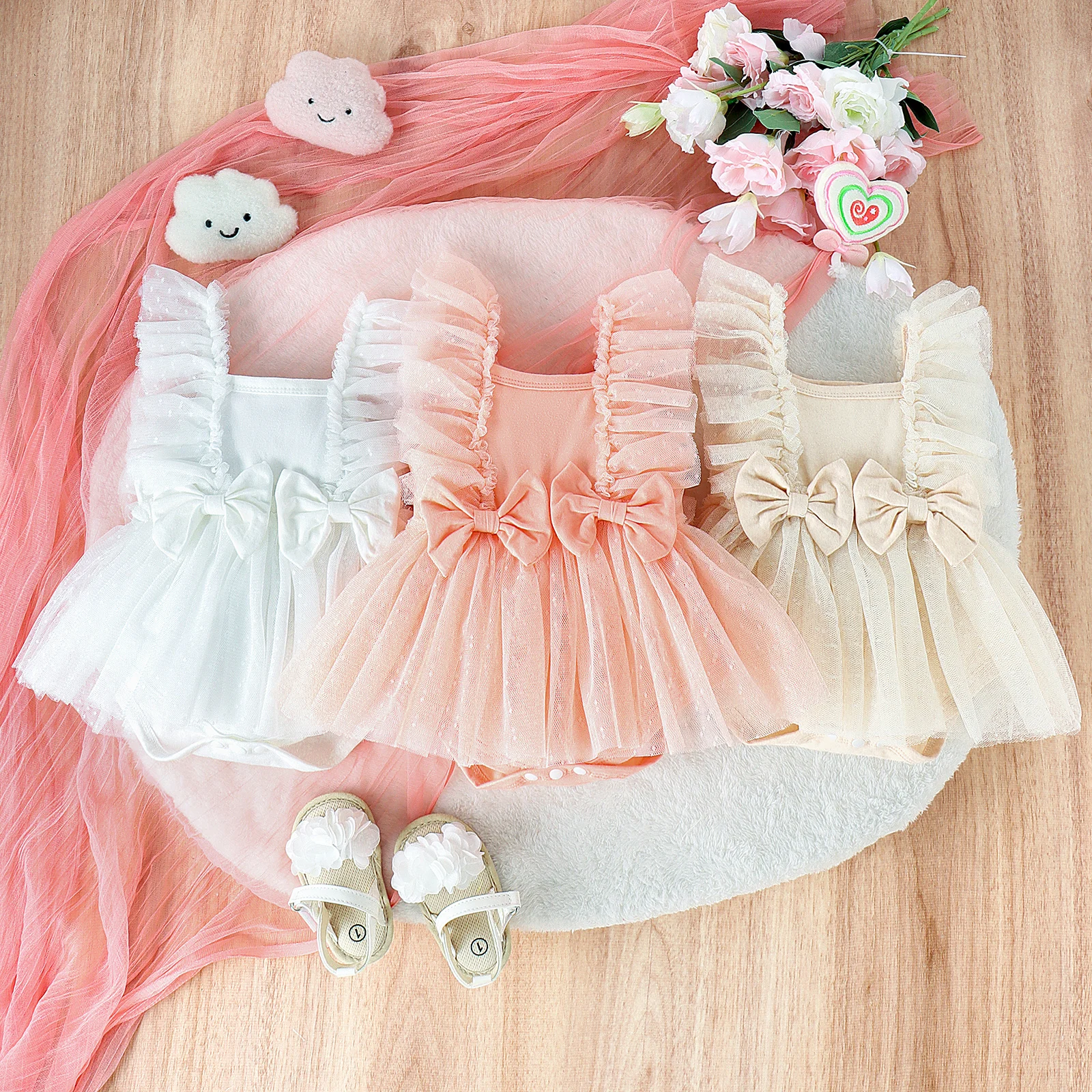 Infant Baby Girls Tulle Romper Dress Dot Print Flying Sleeve Square Neck Bow Jumpsuit