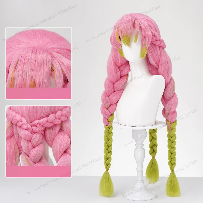 Anime Mitsuri Kanroji Cosplay Synthetic Wig 80cm Long Pink Green Braid Heat Resistant Women Hair High Quality Puffy Yaki Wigs