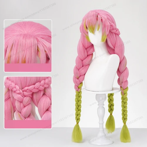 Imagen 2 del producto Peluca sintética de Cosplay de Anime Mitsuri Kanroji, 80cm de largo, trenza rosa y verde, pelo de mujer resistente al calor, pelucas Yaki hinchadas de alta calidad