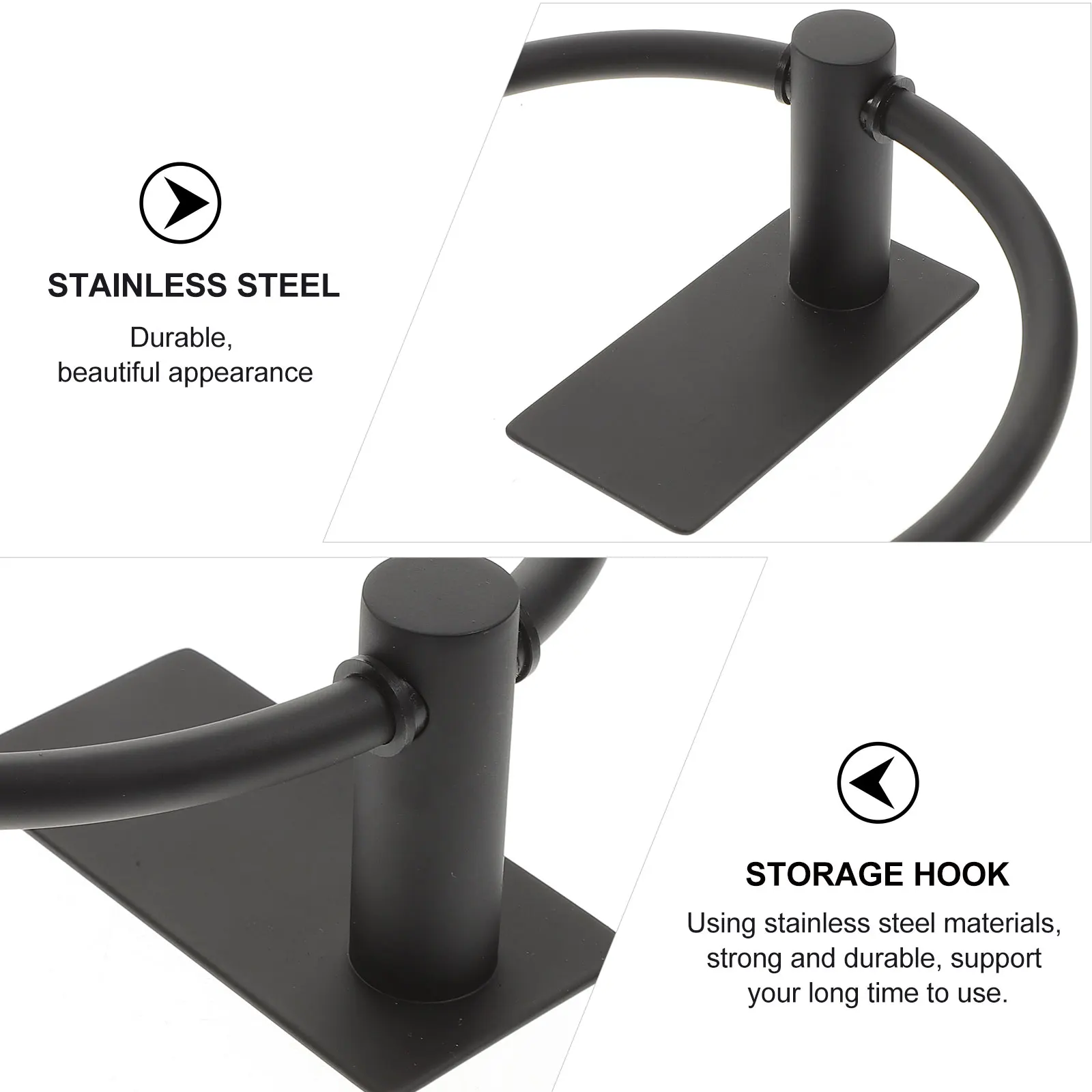 

Stainless Steel Towel Ring Black Hooks Bathroom Rack Accessories Punch Holder Wall Mounted Space Saving Durability