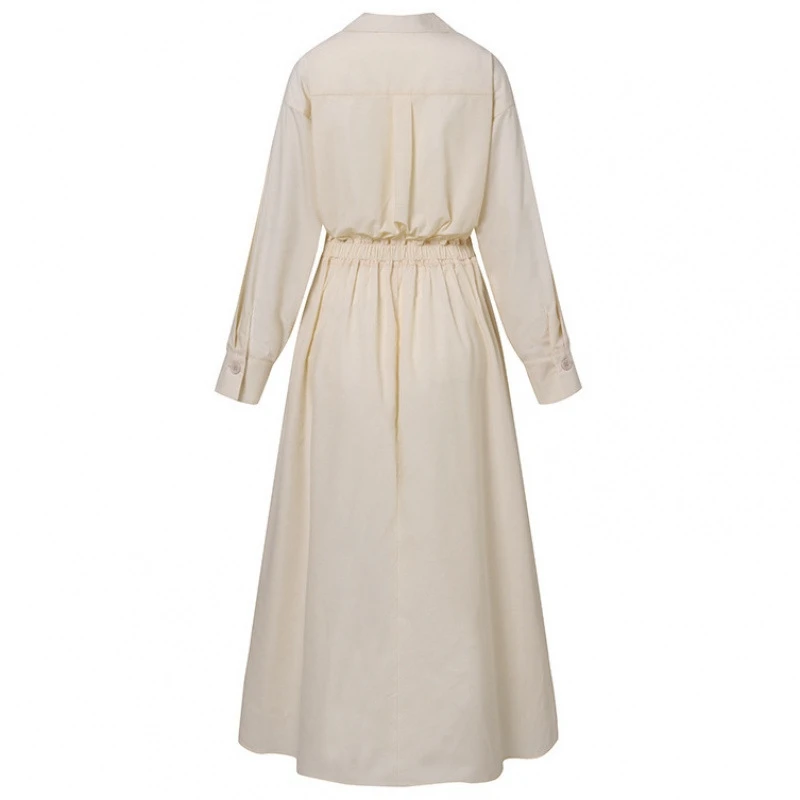 Sukienka damska z luźnego bawełnianego lnu na lato 2025, elastyczna talia, dopasowana, codzienna sukienka koszulowa typu kardigan.