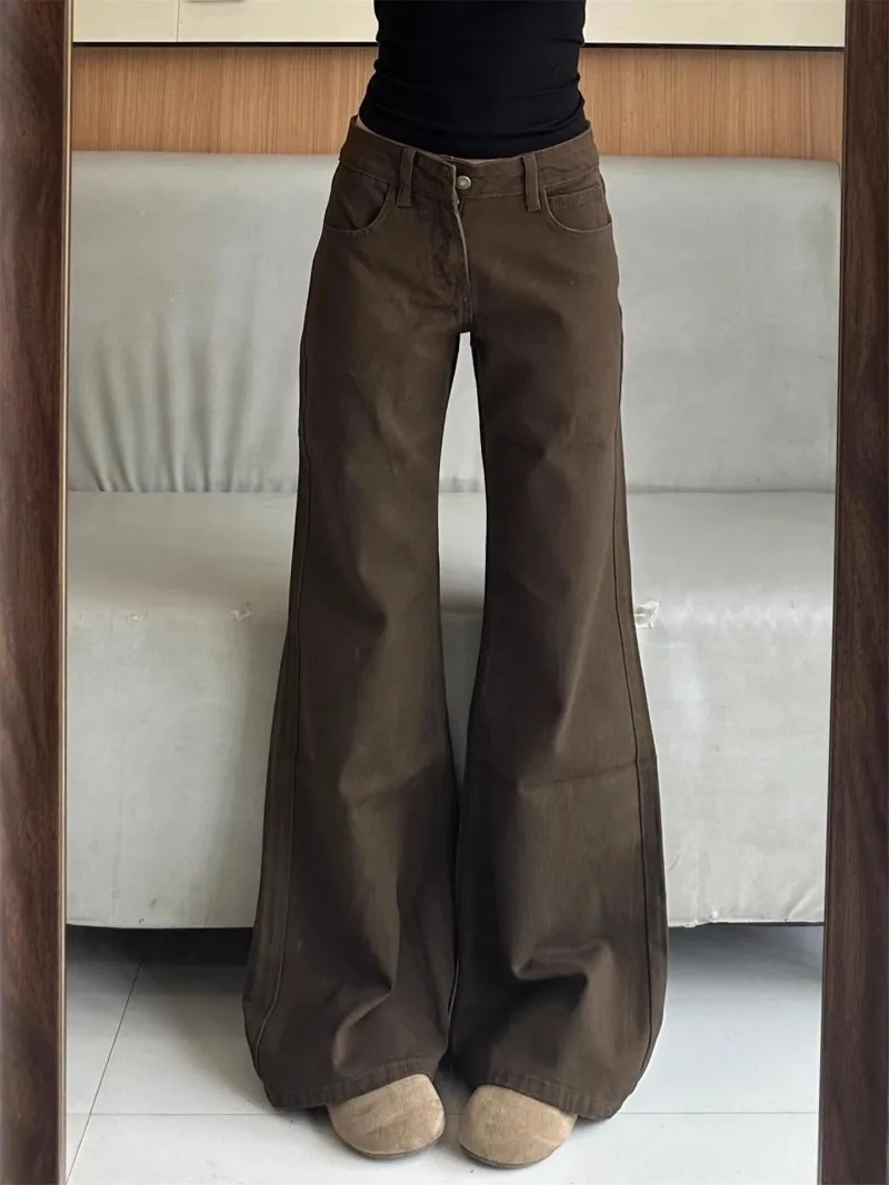 Low Waist Brown Micro Flare Jeans Women Loose Wide Leg Denim Pants Vintage Y2K Casual Bootcut Trousers Streetwear All Seasons