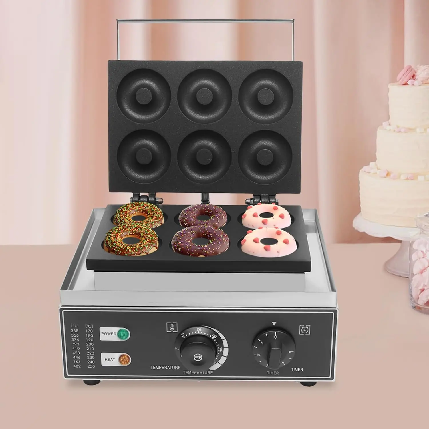 Máquina comercial para hacer rosquillas de 6 orificios, máquina eléctrica antiadherente para hacer rosquillas, calefacción 50-300 ℃   Máquina para hacer rosquillas, crepé, gofres