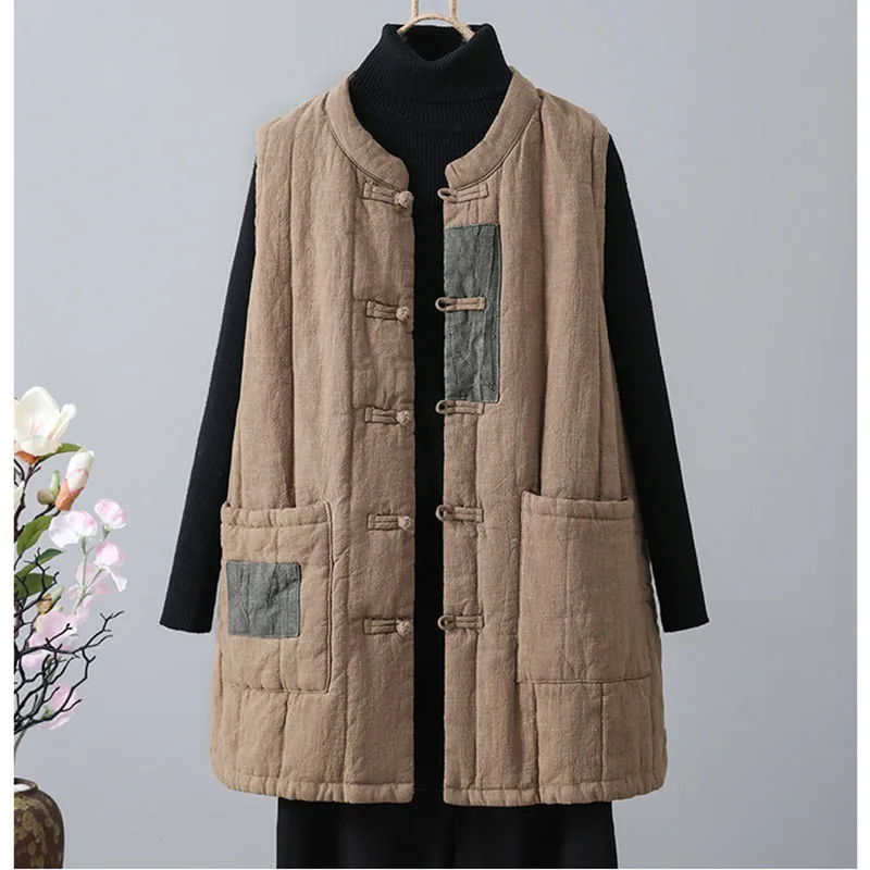 

Китайский ретро-жилет из хлопка и льна с утеплителем, женский, в стиле дзен, с нашивками, без рукавов, зимний