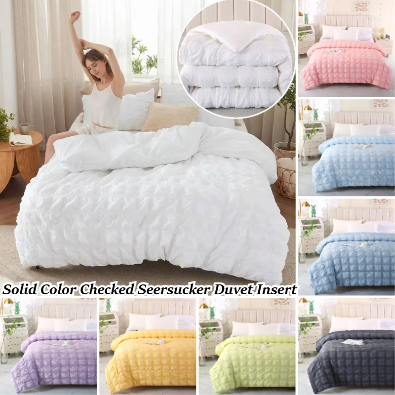 Solid Color Checked Seersucker Duvet Insert Fluffy Loft‑Filled Warm Winter Comforters Soft Breathable Quilt For Bedroom Bedding