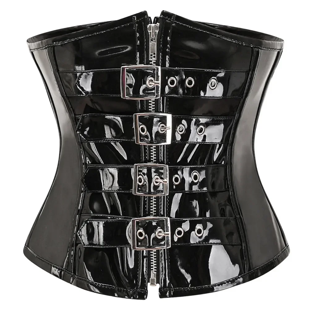 Steampunk Corset Tops with Zipper Pvc Leather Underbust Bustier Women Gothic Basques Body Shaper Waist Cincher Korset