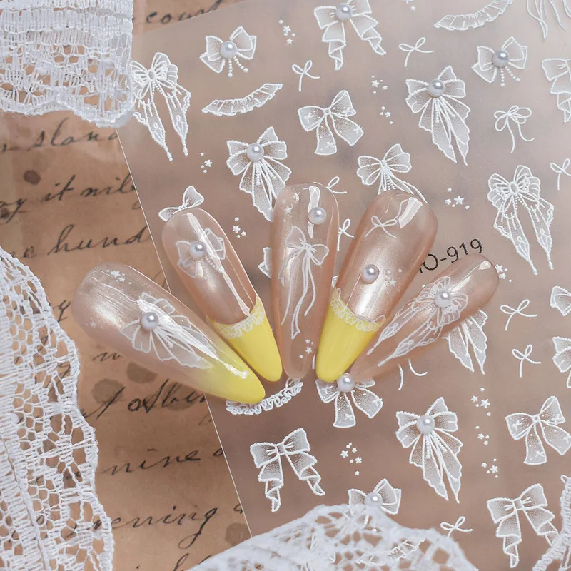 White Bow Nail Stickers Embossed 3D French Ruffle Lace Pearl Inlaid Bowknot DIY Manicure Nail Art Decals Decorations