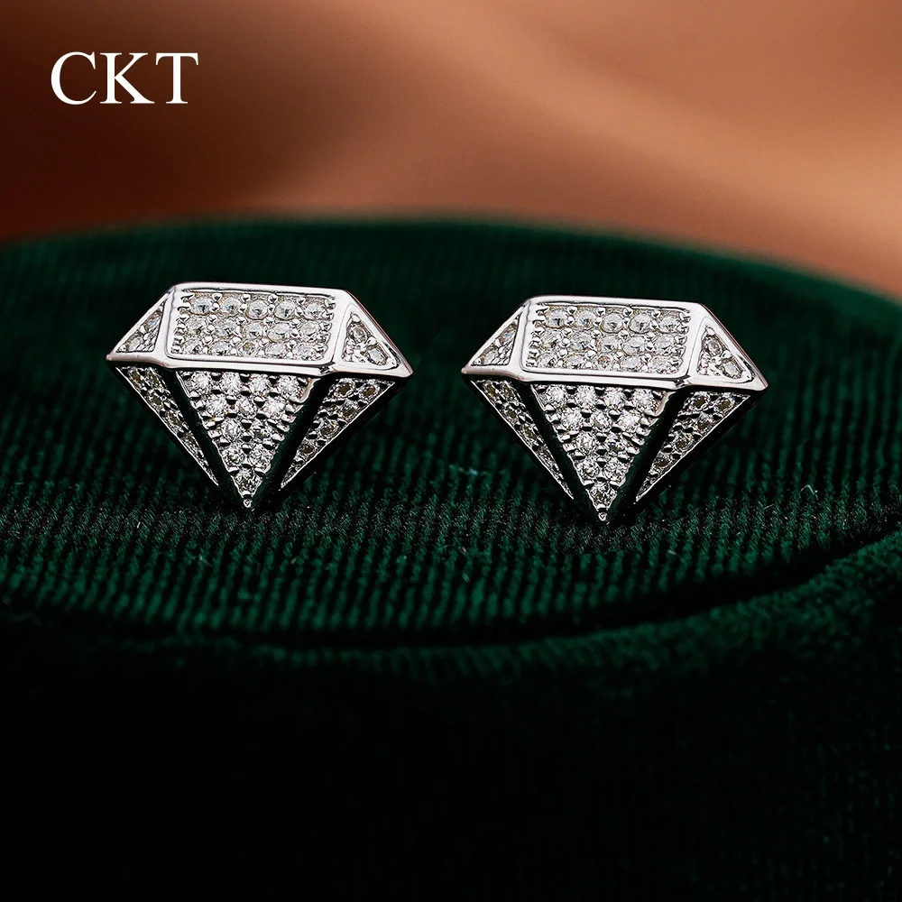 

CKT 18k White Gold Moissanite Stud Earrings Hip-hop Popular Diamond-shaped Geometric Platinum Pt950 for Men and Women Jewelry