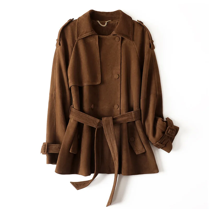 Giacca in vera pelle da donna in pelle scamosciata per bambini Giacca casual in pelle di capra importata con cintura doppiopetto marrone caffè a vita sottile