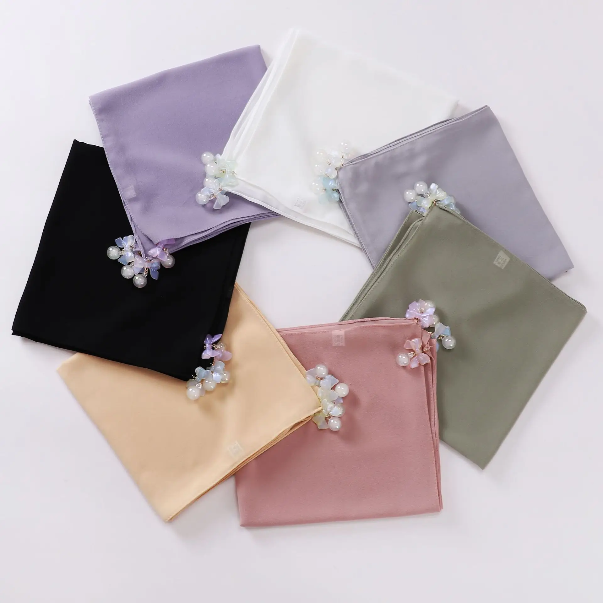 90cm Resin Bow Pearl Chiffon Tudung Hijab Bawal Square Scarf Shawls Muslim Women Turban Hijab With Accessories Islam Femal