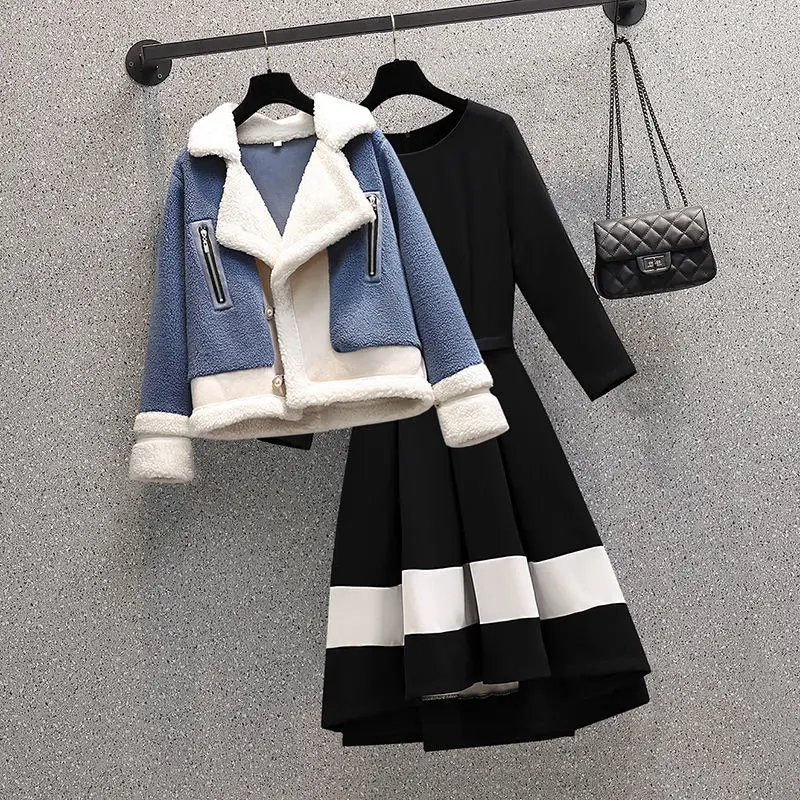 Korean Popular Winter New High-end Cashmere Jacket Coat Splicing Long Sleeve Dress Two-piece Elegant Women\'s Dresses Suit