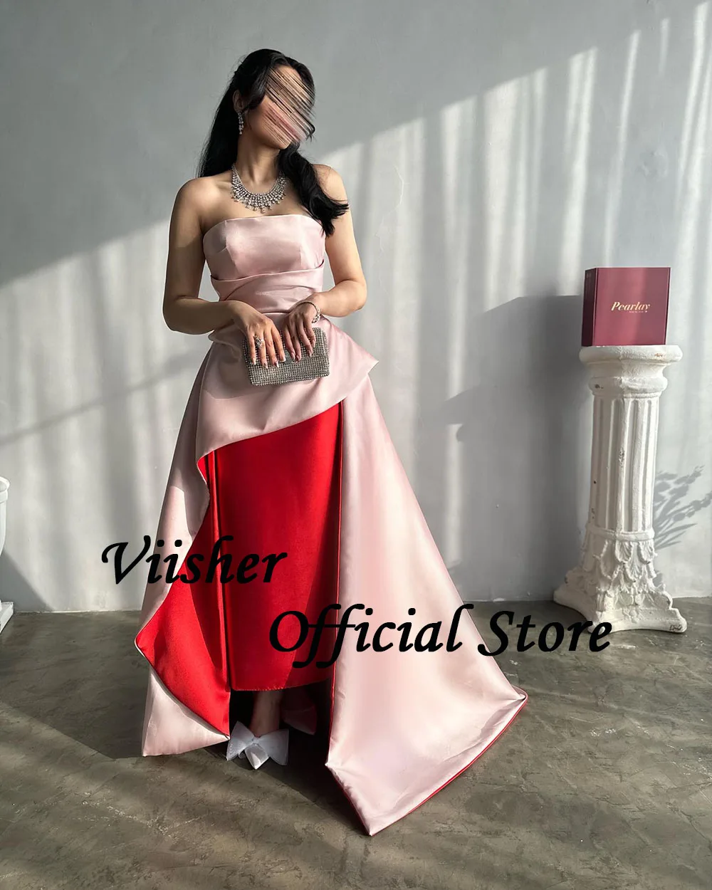 Viisher Pink Red Mermaid Evening Dresses Pleats Strapless Dubai Arabic Prom Party Dress with Train Long Celebrate Gown