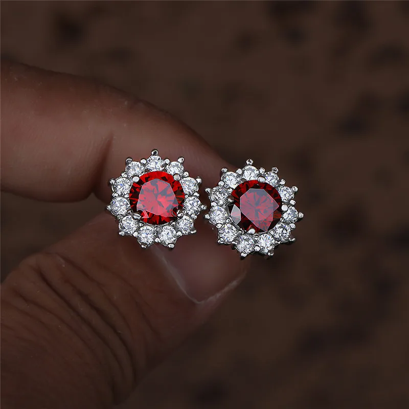 لطيف أنثى صغيرة الأحمر الأقراط المستديرة كريستال حجر موضة فضية اللون مجوهرات الزفاف أقراط مزدوجة للنساء