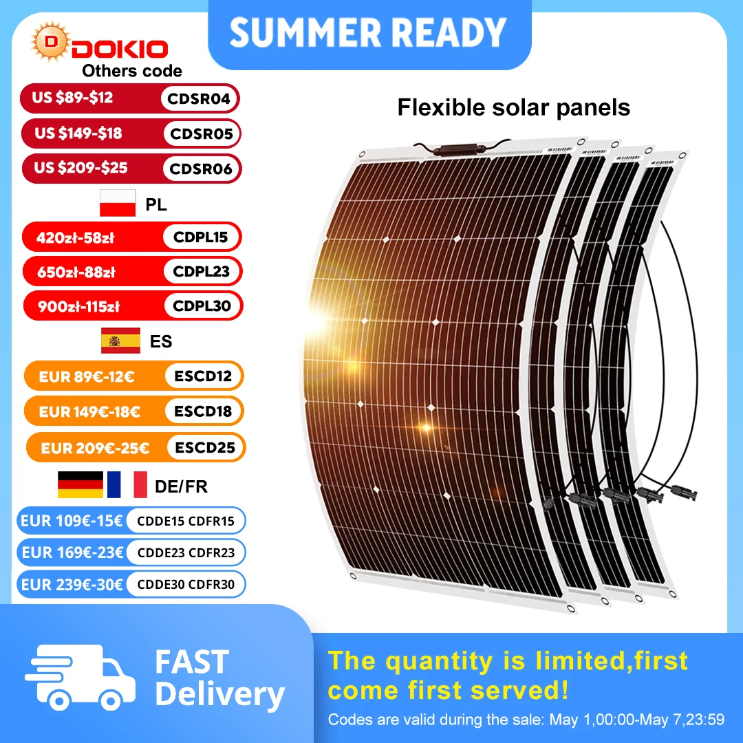 DOKIO 4 pièces 100W panneau solaire 18V panneaux flexibles monocristallins adaptés au camping, installation RV peut charger des piles 12V