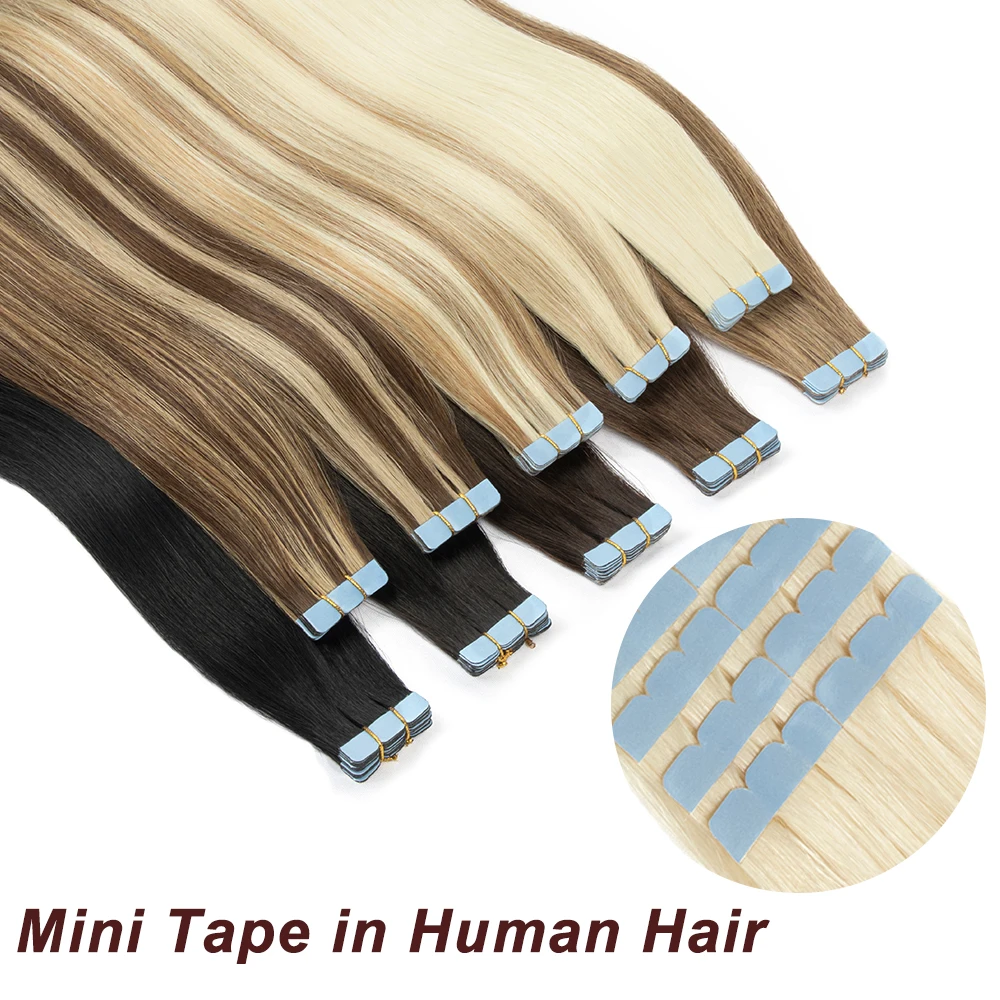 Mini Tape-In Haarverlängerungen Echthaar Doppelseitiges PU Nahtloses Tape-In Haar 10 Stück/Packung Natürlich Glatt Schwarz Braun Blond