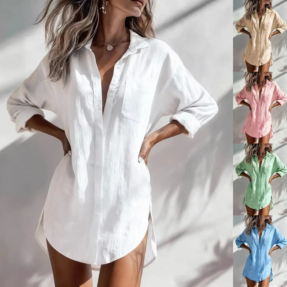 Image of Damen Lässiges Oversize-Hemd mit Langen Ärmeln, Kragen und Knopfleiste, Lockere Bluse, Neu 2026, Damen Frühling Sommer Strandhemd