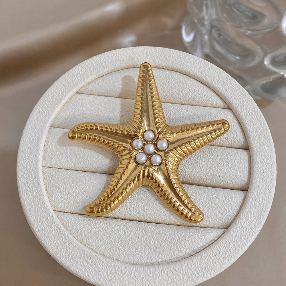 ALLYES Glossy Beach Starfish Brooches for Women Exquisite Gold Color Stainless Steel Lapel Pins Brooch Suit Dress Scarf Hat