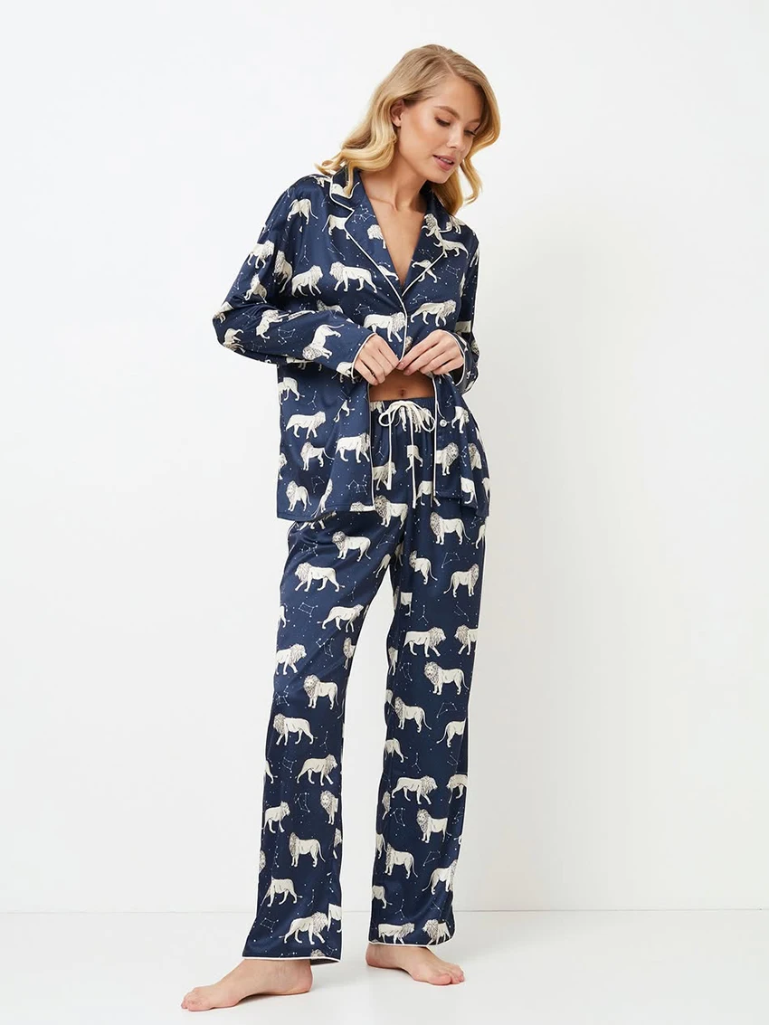 

Marthaqiqi Winter Female Sleepwear Set Long Sleeve Nightgowns Sexy Turn-Down Collar Pajamas Pants Printing Women Nightwear Suits